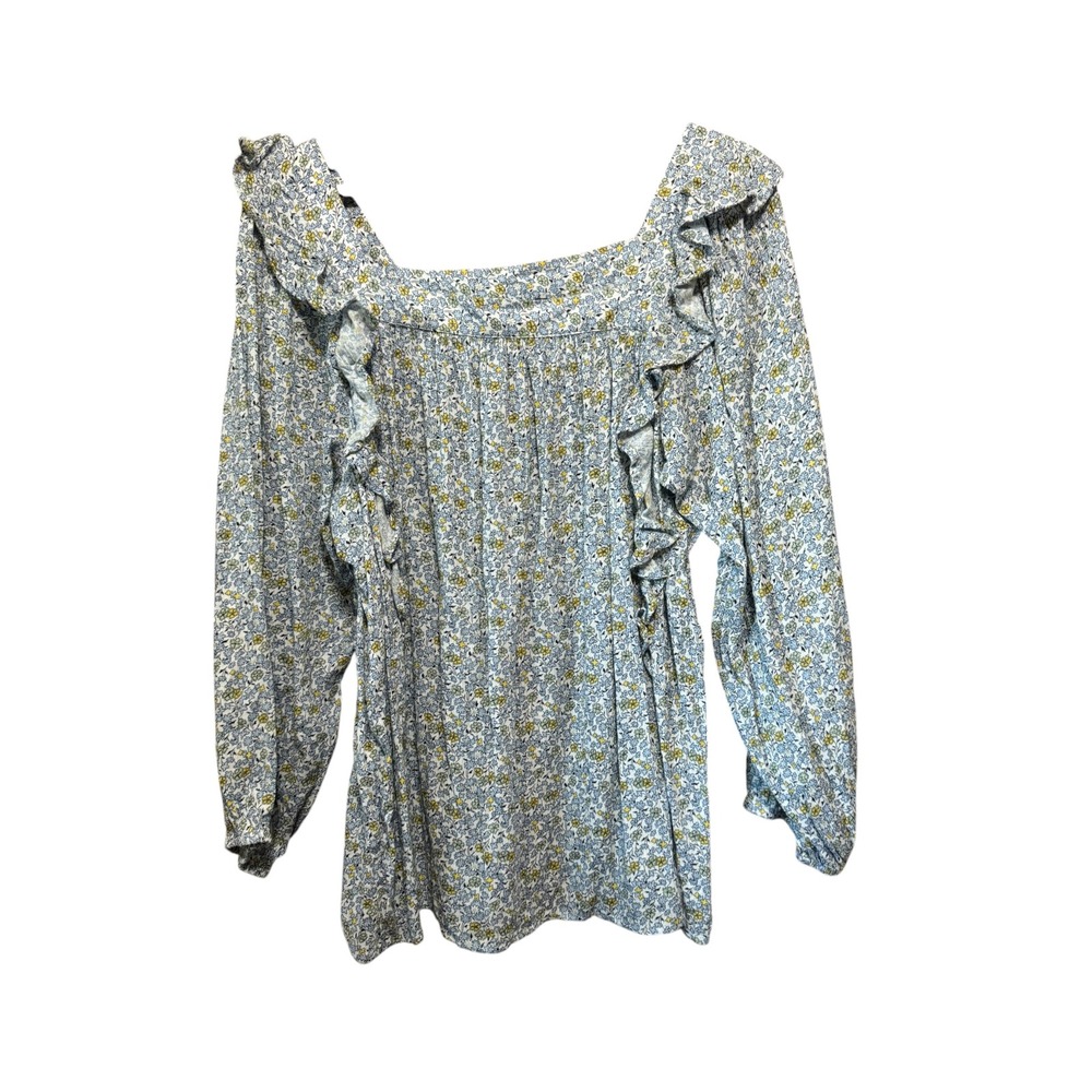 Chaps Floral Ruffle Blouse Womens Large Blue Yellow Square Neck Excellent Boho